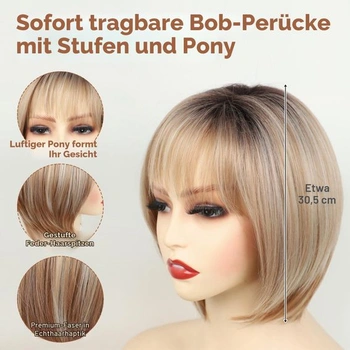Paruka krátký bob pro ženy, blond, s ofinou, kudrnatý design, přechod světle blond, texturovaný