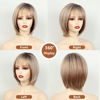Parochňa krátky bôb pre ženy, blond, s ofinou, kučeravý design, prechod svetlo blond, texturovaný