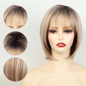Paruka krátký bob pro ženy, blond, s ofinou, kudrnatý design, přechod světle blond, texturovaný