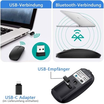 Bezdrôtová Bluetooth myš (USB 2,4 GHz + Bluetooth 5.2 + adaptér USB-C) Dobíjacia bezdrôtová myš pre