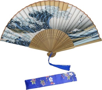 KEYIDO Japonský vejár Vlny mora v Kanagawe Skladací vejár z dreva a hodvábu Bambusová kabelka z