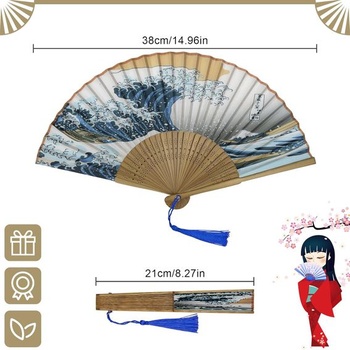 KEYIDO Japonský vejár Vlny mora v Kanagawe Skladací vejár z dreva a hodvábu Bambusová kabelka z