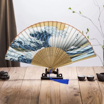 KEYIDO Japonský vejár Vlny mora v Kanagawe Skladací vejár z dreva a hodvábu Bambusová kabelka z