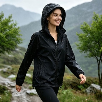 Dámska nepremokavá priedušná ľahká dažďová bunda, vetrovka s kapucňou, turistická dažďová bunda na