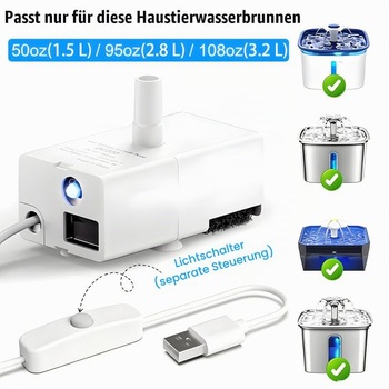 USB čerpadlo do mačacej fontány 5V 200L/H, nízky výkon 0,8W, s LED svetlom a 1,5m káblom, tiché
