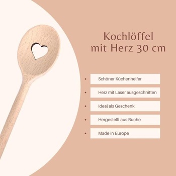 Sada 5 dřevěných lžic Balna ve tvaru srdce, 30 cm, míchací lžíce, dárková lžíce z tvrdého dřeva,