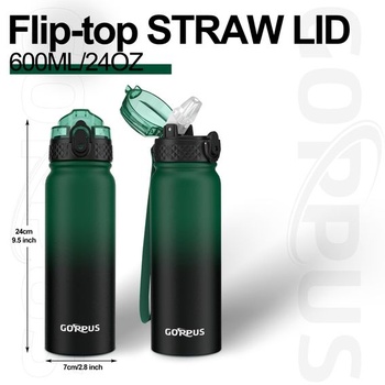 GOPPUS 600ml/20oz nerezová fľaša na vodu so slamkou, športová termoska, nepriepustná, vhodná na