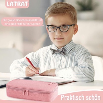 Penál LATRAT, Velkokapacitní pouzdro na tužky se zipem, 4 přihrádky, do školy a kanceláře, růžové