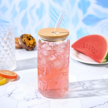 Ružový pohár na pitie s objemom 473 ml s viečkom a slamkou na kávu Bubble Tea
