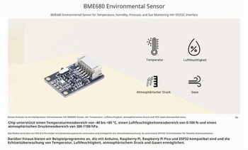 Snímač prostředí BME680, podporuje teplotu, vlhkost, tlak, detekci plynů, I2C a SPI, ideální pro