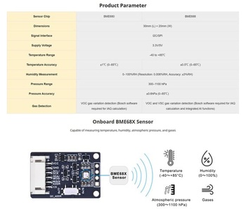 Snímač prostředí BME680, podporuje teplotu, vlhkost, tlak, detekci plynů, I2C a SPI, ideální pro