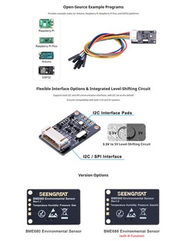 Snímač prostředí BME680, podporuje teplotu, vlhkost, tlak, detekci plynů, I2C a SPI, ideální pro