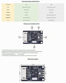 Snímač prostředí BME680, podporuje teplotu, vlhkost, tlak, detekci plynů, I2C a SPI, ideální pro