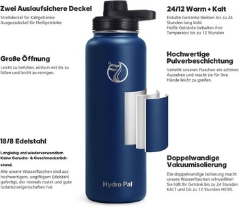 HydroPal 750ml nerezová izolovaná láhev, láhev na pití s brčkem a 2 víčky | Bez BPA, udrží nápoje