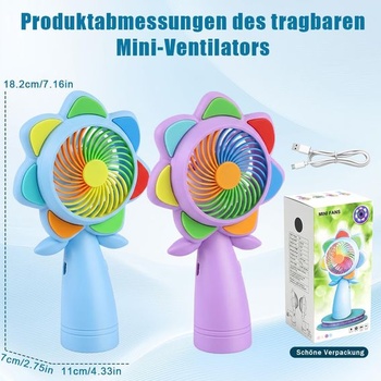 Ruční ventilátor Aohcae s květinovým vzorem, LED osvětlením, mini ventilátor, dobíjecí USB,