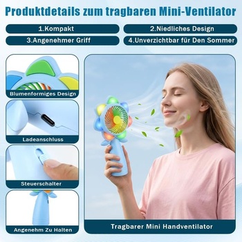 Ručný ventilátor Aohcae s kvetinovým vzorom, LED osvetlením, mini ventilátor, dobíjací USB,