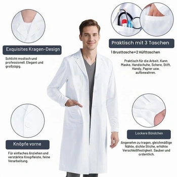 Bílý laboratorní plášť, lékařský plášť pro ženy a muže, bílý laboratorní plášť, chemický plášť,