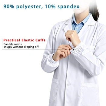 Bílý bavlněný laboratorní plášť pro muže a ženy, bílý pracovní plášť s elastickými manžetami a 3
