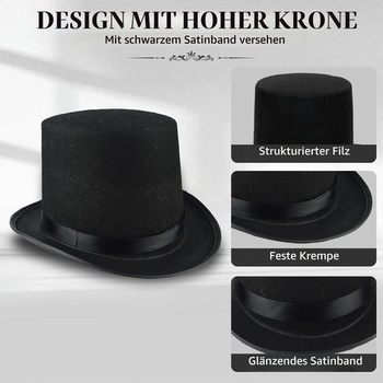 Čierny plstený cylinder pre dospelých, viktoriánsky steampunk kostýmový klobúk z polyesterovej plsti pre