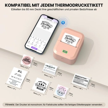 Tlačiareň štítkov M60 s Bluetooth, 20–58 mm, 203 DPI, USB a aplikácia, lososovo ružová