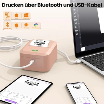 Tlačiareň štítkov M60 s Bluetooth, 20–58 mm, 203 DPI, USB a aplikácia, lososovo ružová