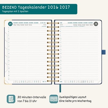 BEZEND Kalendář 2026 2027 Denní kalendář 1 den 1 strana A5 (21,5 x 15,5 cm) Fialový 21 x 14,8 cm