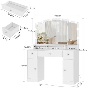 Toaletný stolík s 3 zrkadlami ENSTA007WDN, 100 x 40 x 145 cm, biely - N