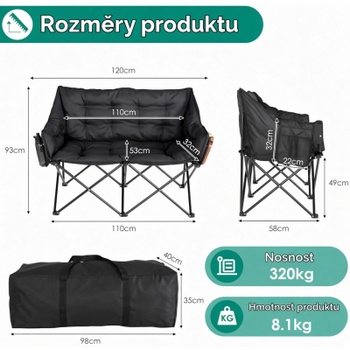 Skládací kempovací lavice pro 2 osoby JM-HKC-1132, 120 x 58 x 93 cm, černá - A