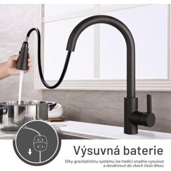Kuchynská batéria s výsuvnou sprchou KF12, 360 °, čierna - N