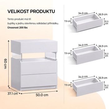 Nočný stolík s osvetlením A25-1-EUR, 3 zásuvky, 50 x 38 x 60 cm, biely - B