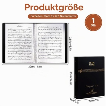 Notová zložka A4, 60 priehradok/120 strán na noty, gitara, husle, čierna