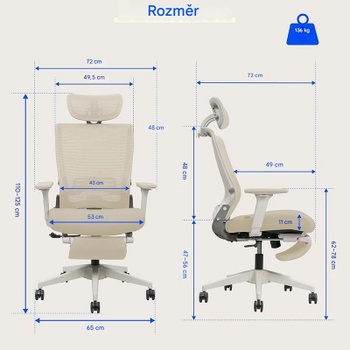 Ergonomická kancelárska stolička OS1W s bedrovou opierkou, krémovo biela - B