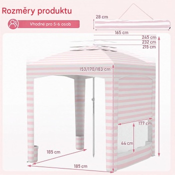 Prenosný plážový stan s odnímateľnou stenou YA24485DE, 185 x 185 cm, ružovo/biely - B