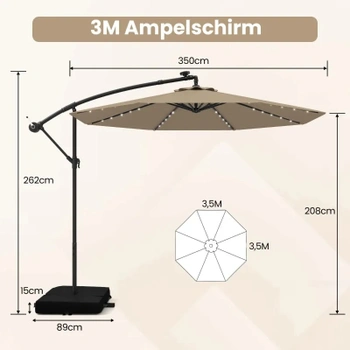 Záhradný slnečník NP13195CF, 350 cm, so 40 solárnymi LED svetlami, hnedý - B