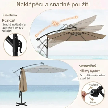 Záhradný slnečník NP13195CF, 350 cm, so 40 solárnymi LED svetlami, hnedý - B