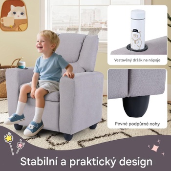Detské relaxačné kreslo PG98236IT, s nastaviteľnou opierkou nôh a držiakom na nápoje, šedé - B