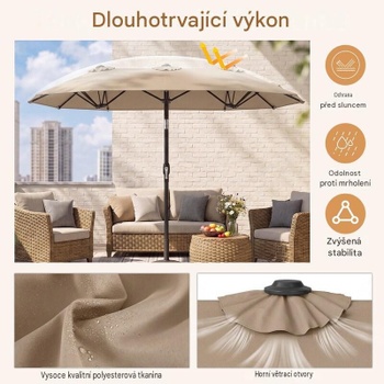 Dvojitý slnečník s kľukou a 12 rebrami 47081641, 300 x 160 cm, béžový - B