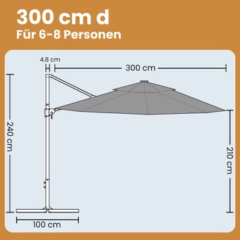 Záhradný slnečník otočný o 360 ° GPUB35074G10, Ø 300 cm, tmavo šedá - B