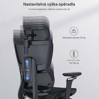 Ergonomická kancelárska stolička C7MB-F2, 3D opierka hlavy, čierna - B