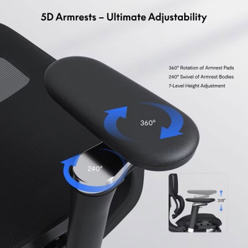 Ergonomická kancelárska stolička C7MB-F2, 3D opierka hlavy, čierna - B