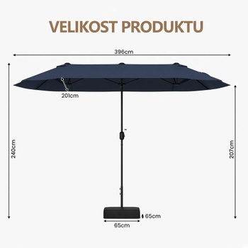 Dvojitý slnečník s kľukou a stojanom NP13435EU-NY, 400 x 212 cm, tmavo modrý - B