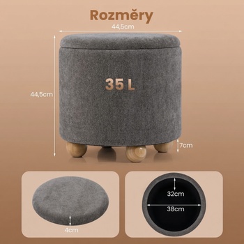 Okrúhly čalúnený taburet JV12927GR, 35 l, sivý - B