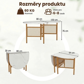 Skladací jedálenský stôl KC59367WH, 150 x 80 x 76 cm, bielo/zlatá - B