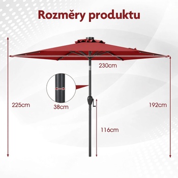 Solárny záhradný slnečník NP12190BUG, 230 cm, vínovo červený - B
