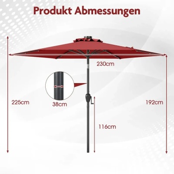 Solárny záhradný slnečník NP12190BUG, 230 cm, vínovo červený - B