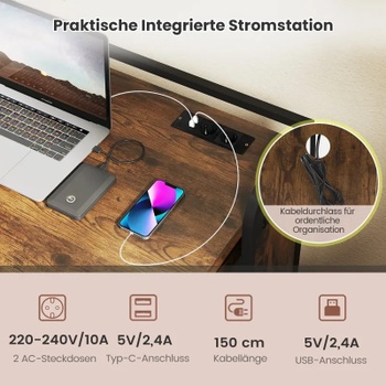 Skladací stôl so stoličkou HW73003DE-CF, zásuvka a USB, 90 x 55 x 83 cm, hnedý - B