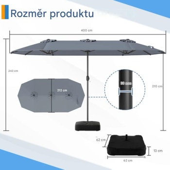 Dvojitý slnečník so stojanom NP13435EU-HS, 243 x 212 x 400 cm, UPF 50+, antracit - A