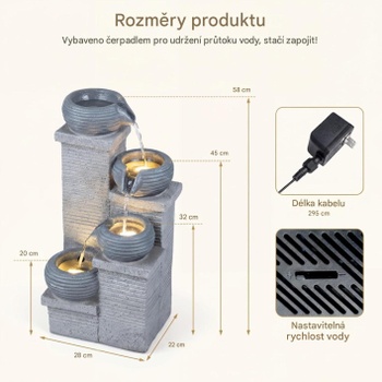 Záhradná fontána RJ10438NODE-HS, 27 x 24 x 58 cm, sivá - B