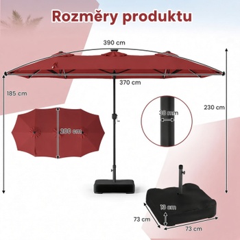 Dvojitý záhradný slnečník so 108 LED diódami NP13666WN, 370 x 200 cm, vínovo červený - B