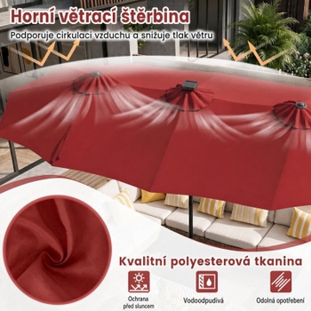 Dvojitý záhradný slnečník so 108 LED diódami NP13666WN, 370 x 200 cm, vínovo červený - B